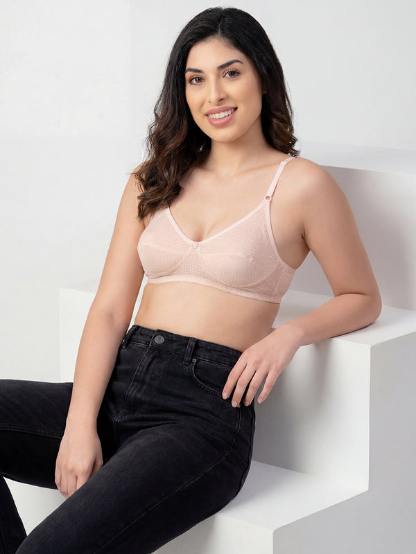 Elin Non Padded Dot Printed Cotton Everyday Bra | Pack of 3-PEACH PEACH PEACH