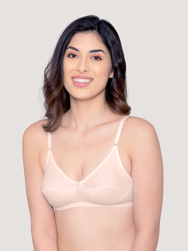 Elin Non Padded Dot Printed Cotton Everyday Bra | Pack of 3-PINK PEACH S.BLUE