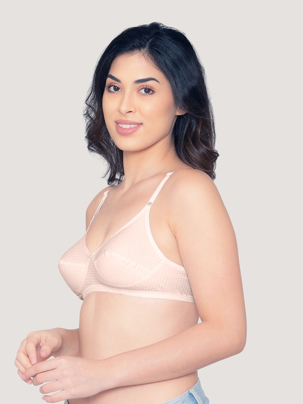 Elin Non Padded Dot Printed Cotton Everyday Bra | Pack of 3-PEACH PEACH PEACH