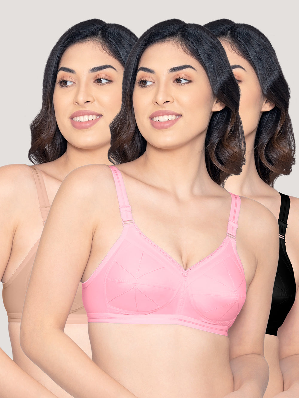 Damini Full Coverage Cotton Everyday Bra | Pack of 3-FAWN BABY PINK BLACK