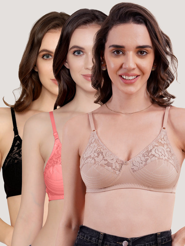Deepali Non Padded Everyday Lace Bra | Pack of 3-FAWN BLACK ROSE