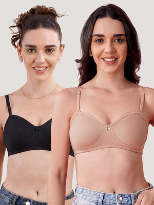K LINGERIE Roxy Girl's Non Padded Multiway Straps Demi Cup Balconette Bra-FAWN BLACK