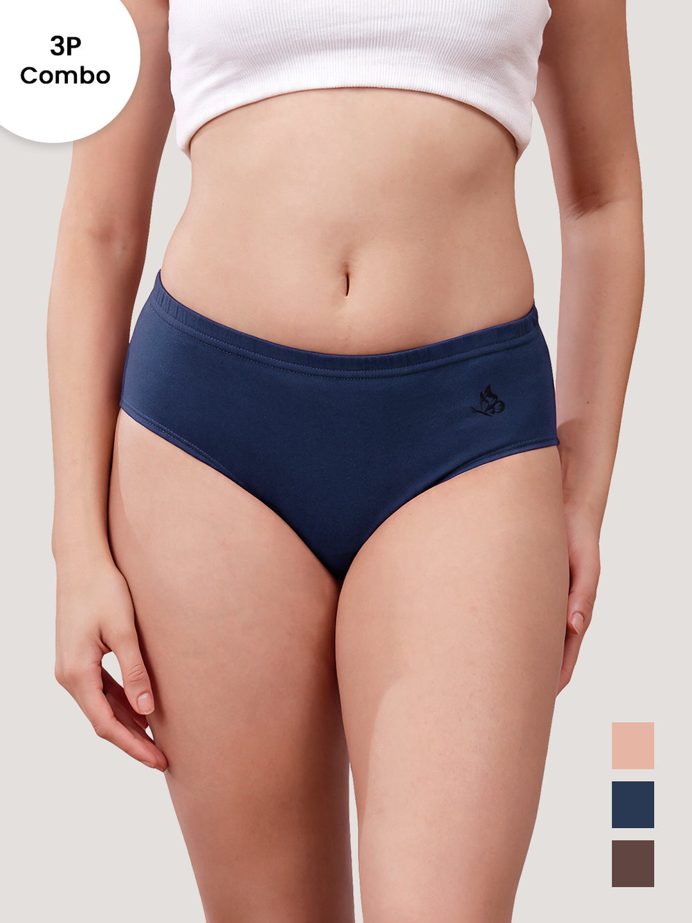 Eve 100% Cotton Mid-Waist Hipster Panties for Women | Pack of 3-FAWN DARK BLUE COFFEE