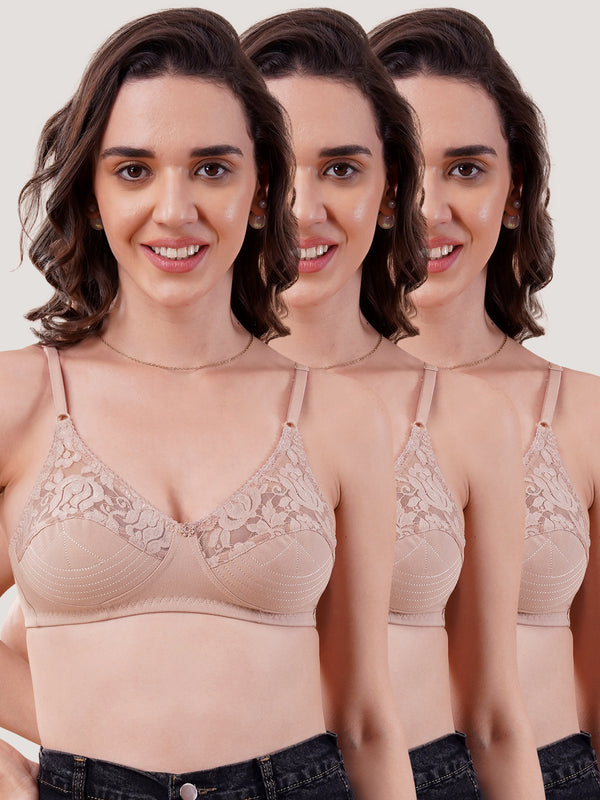 Deepali Non Padded Everyday Lace Bra | Pack of 3-FAWN FAWN FAWN