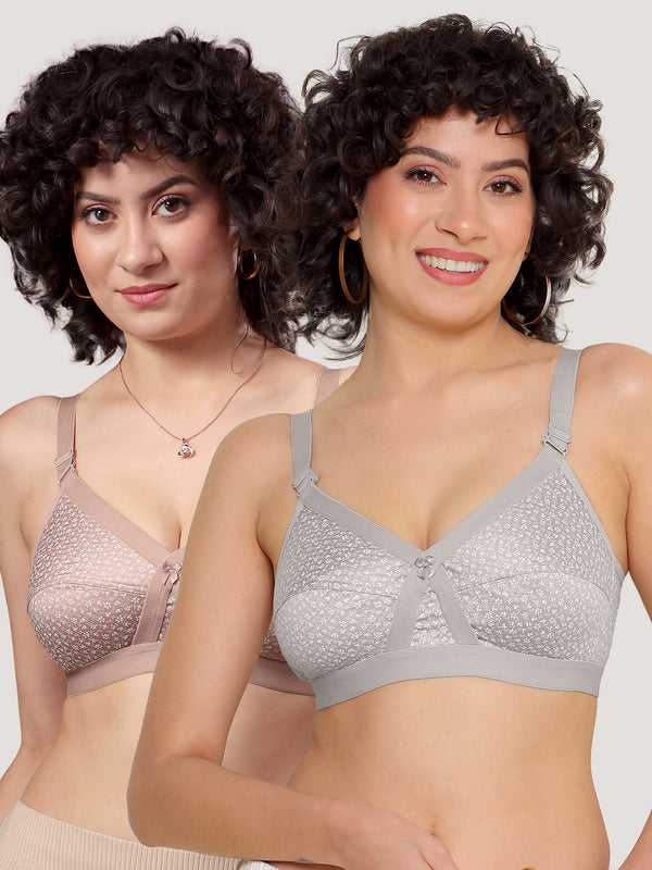 Kalyani Maxine Cross Over Front Full Coverage Cotton Minimizer Bra Pack of 2-FAWN L.GREY