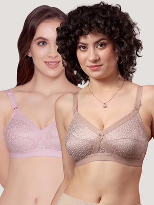 Kalyani Maxine Cross Over Front Full Coverage Cotton Minimizer Bra Pack of 2-FAWN PINK