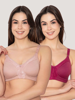 K Lingerie Leona Full Coverage Everyday Lace Bra | Pack of 2-FAWN ROSE BUD