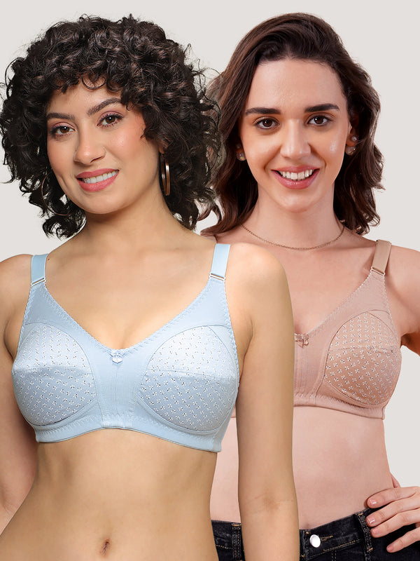 Kalyani Nitara Non Padded Wirefree Cups Full Coverage Everyday Cotton Bra | Pack of 2- FAWN  S.BLUE