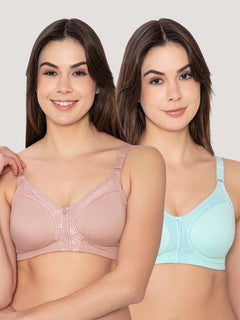 K Lingerie Leona Full Coverage Everyday Lace Bra | Pack of 2-FAWN SEA GREEN