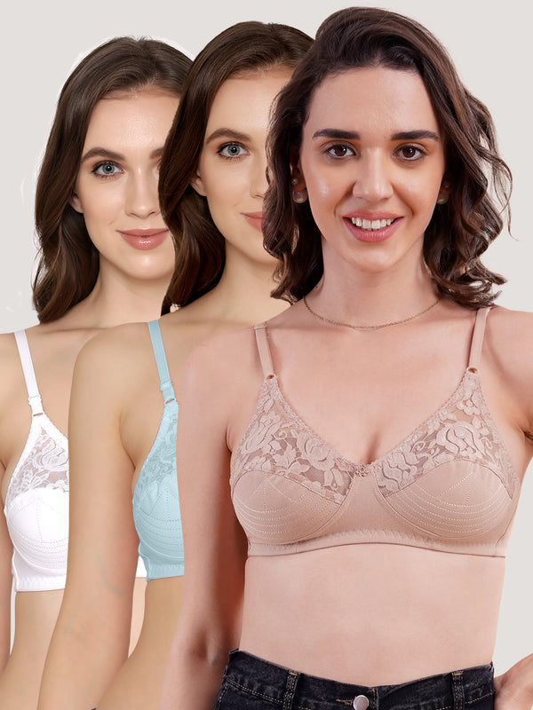 Deepali Non Padded Everyday Lace Bra | Pack of 3-FAWN SKYBLUE WHITE