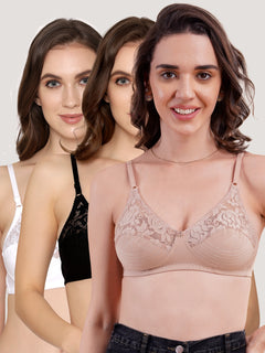Deepali Non Padded Everyday Lace Bra | Pack of 3-FAWN WHITE BLACK