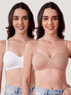 K LINGERIE Roxy Girl's Non Padded Multiway Straps Demi Cup Balconette Bra-FAWN WHITE
