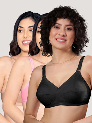 Damini Full Coverage Cotton Everyday Bra | Pack of 3-FAWN BABY PINK BLACK