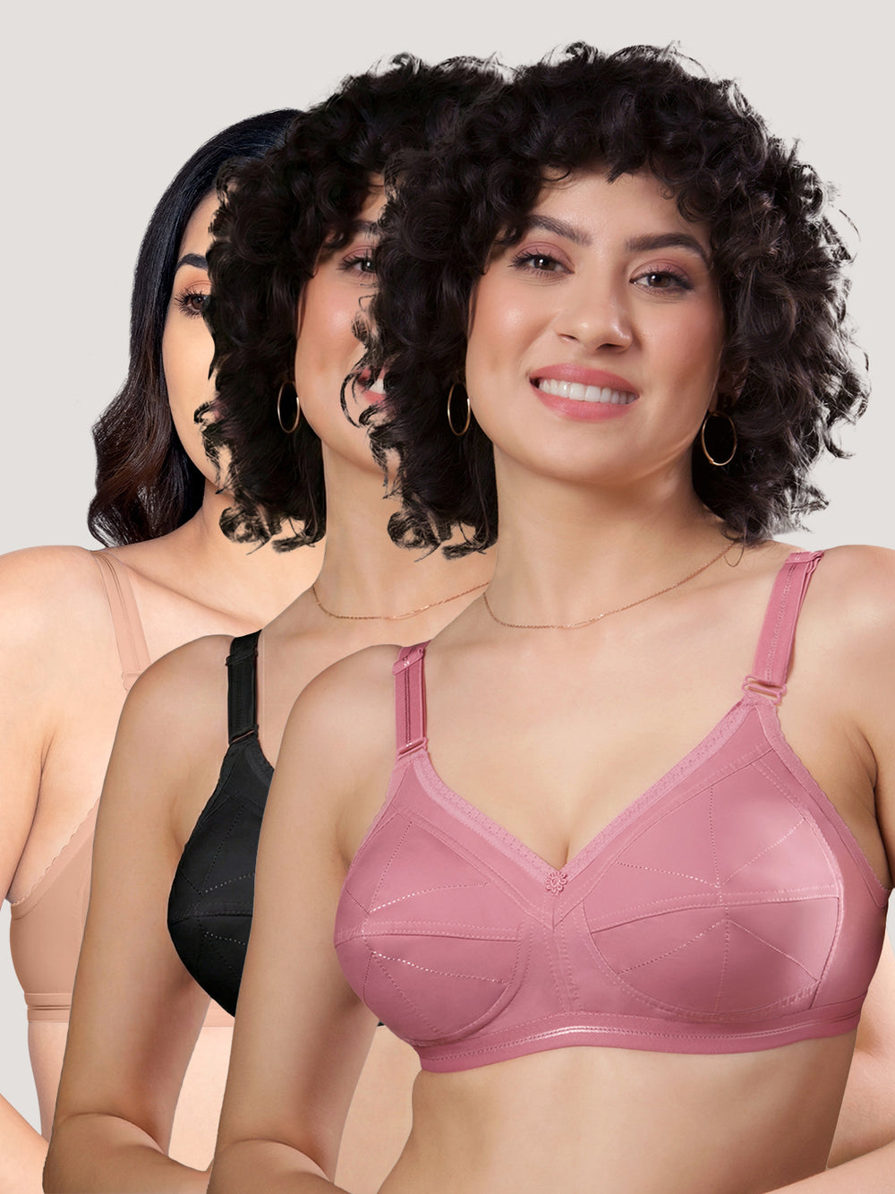 Damini Full Coverage Cotton Everyday Bra | Pack of 3-FAWN ONION BLACK