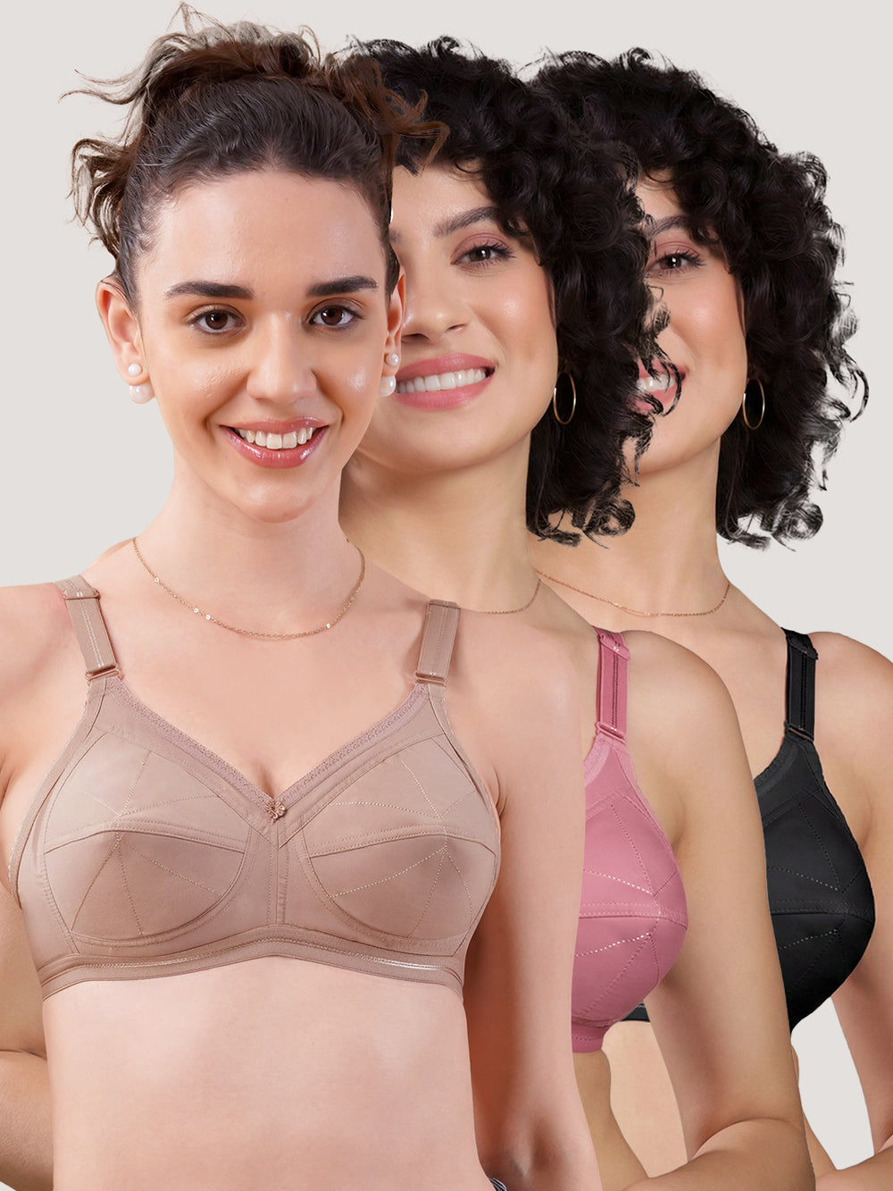 Damini Full Coverage Cotton Everyday Bra | Pack of 3-FAWN ONION BLACK