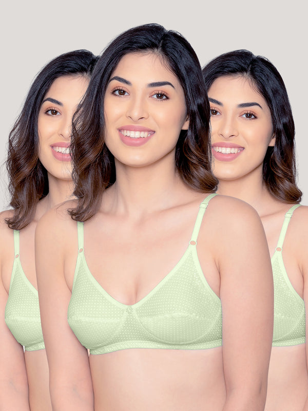 Elin Non Padded Dot Printed Cotton Everyday Bra | Pack of 3-GREEN GREEN GREEN