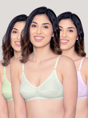 Elin Non Padded Dot Printed Cotton Everyday Bra | Pack of 3-GREEN LEMON LAVENDER