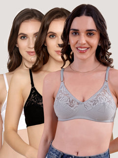 Deepali Non Padded Everyday Lace Bra | Pack of 3-GREY BLACK WHITE