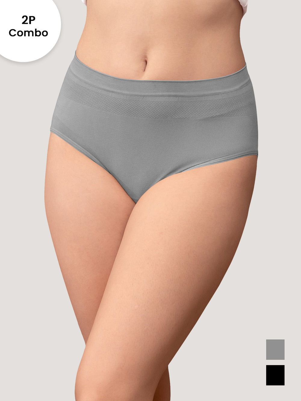 Kavya Women’s High Rise Full Coverage Knitted Hipster Panty with No-Roll Broad Inner Elastic Waistband Pack of 2| GREY BLACK