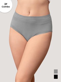 Kavya Women’s High Rise Full Coverage Knitted Hipster Panty with No-Roll Broad Inner Elastic Waistband Pack of 2| GREY BLACK