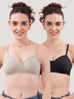 K LINGERIE Roxy Girl's Non Padded Multiway Straps Demi Cup Balconette Bra- GREY BLACK