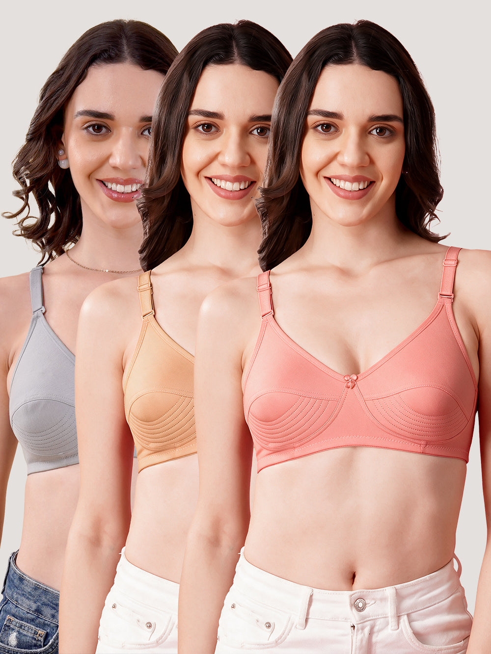 Pranika Non Padded Seamed Everyday Bra | Pack of 3 GREY CAMEL ROSE