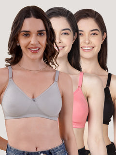 Evlyn Double Layered Cups Regular Bra | Pack of 3 | GREY CORAL BLACK