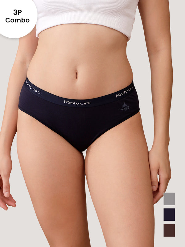 Jazzie Women Hipster Panties | Mid-Rise | 100% Cotton | Pack of 3-GREY DARK BLUE COFFEE