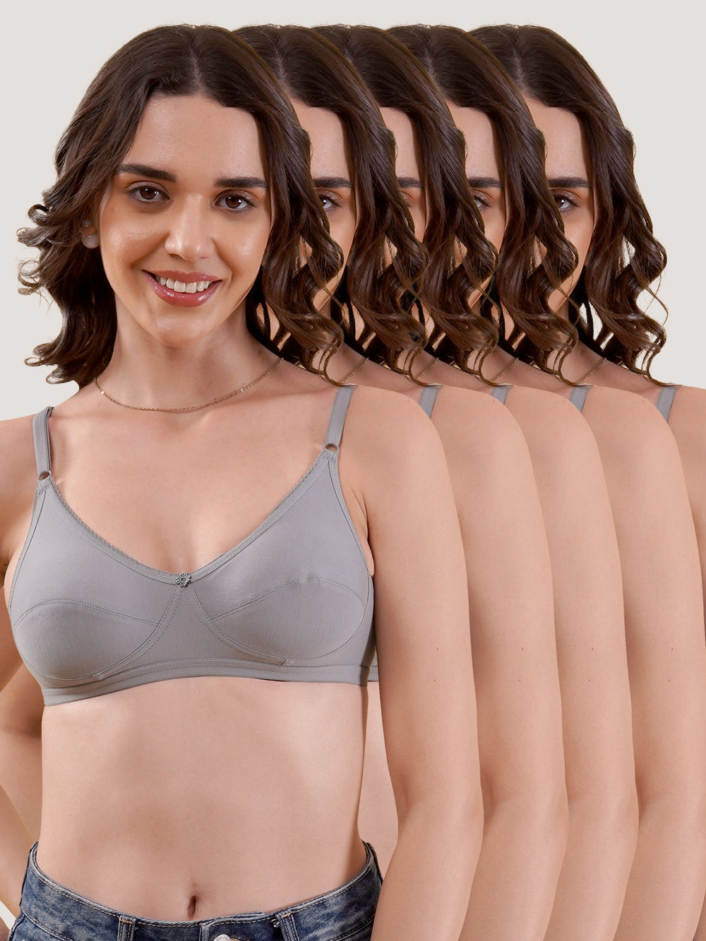 Kalyani Rinni Non Padded Everyday Cotton Bra with Minimal Lace Details |GREY GREY GREY GREY GREY Pack of 5