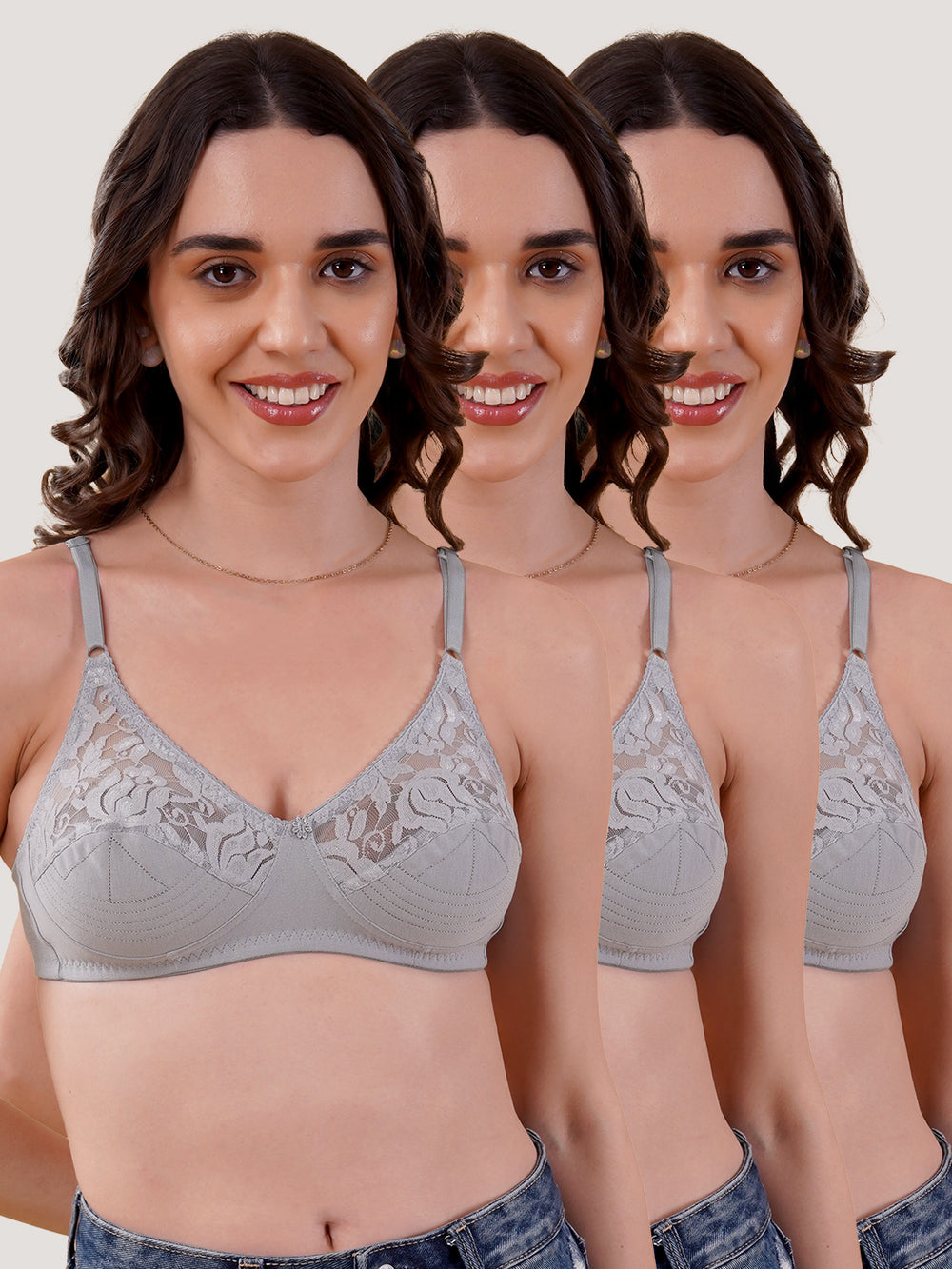 Deepali Non Padded Everyday Lace Bra | Pack of 3-GREY GREY GREY