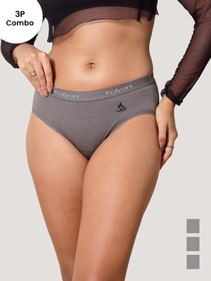 Jazzie Women Hipster Panties | Mid-Rise | 100% Cotton | Pack of 3-GREY GREY GREY
