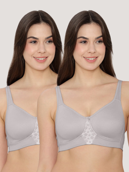 K LINGERIE Chase Double Layered Cups Center Lace Full Coverage Seamless Bra-GREY GREY