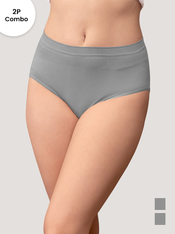 Kavya Women’s High Rise Full Coverage Knitted Hipster Panty with No-Roll Broad Inner Elastic Waistband Pack of 2| GREY GREY