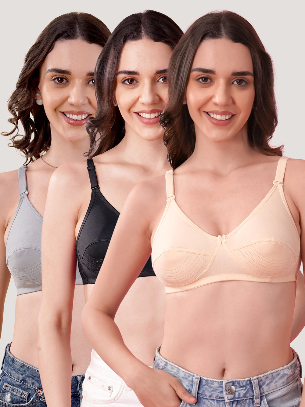 Pranika Non Padded Seamed Everyday Bra | Pack of 3 GREY L.PEACH BLACK