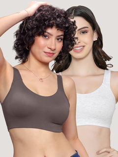 K LINGERIE Daisey Women's Flexible Fit Medium Impact Sports Bra for Light Workouts-GREY M.WHITE