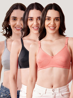 Pranika Non Padded Seamed Everyday Bra | Pack of 3 GREY ROSE BLACK