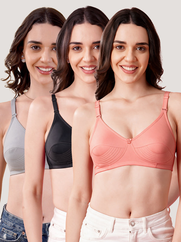 Pranika Non Padded Seamed Everyday Bra | Pack of 3 GREY ROSE BLACK