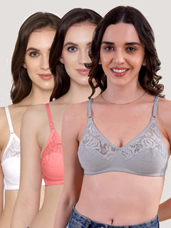 Deepali Non Padded Everyday Lace Bra | Pack of 3-GREY ROSE WHITE