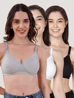 Evlyn Double Layered Cups Regular Bra | Pack of 3 | GREY WHITE BLACK