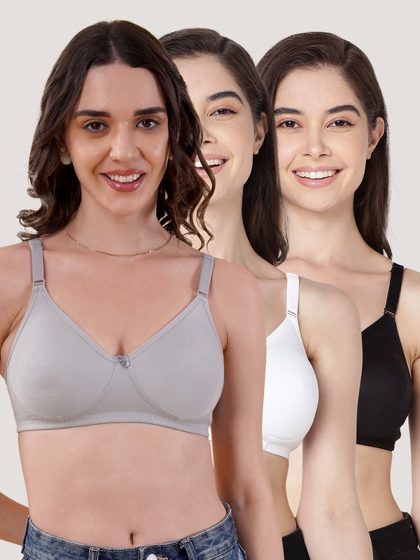 Evlyn Double Layered Cups Regular Bra | Pack of 3 | GREY WHITE BLACK