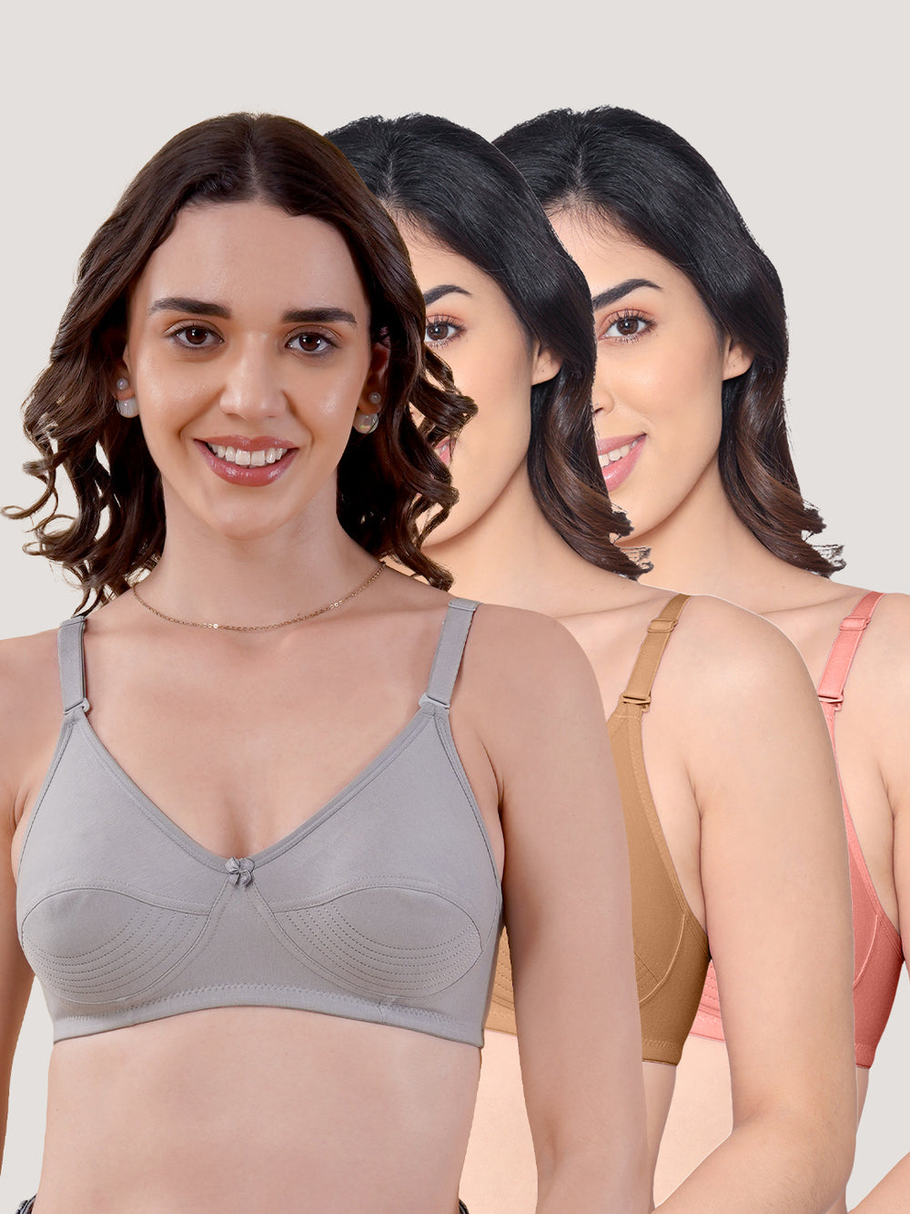 Pranika Non Padded Seamed Everyday Bra | Pack of 3 GREY CAMEL ROSE