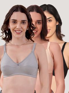 Pranika Non Padded Seamed Everyday Bra | Pack of 3 GREY L.PEACH BLACK