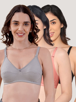Pranika Non Padded Seamed Everyday Bra | Pack of 3 GREY ROSE BLACK