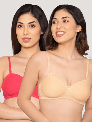 Kalyani Viviana Soft Padded Seamless Balconette Style T-Shirt Bras | Pack of 2 | HOT PINK NUDE