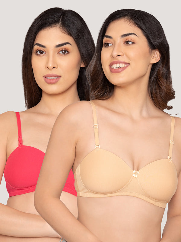 Kalyani Viviana Soft Padded Seamless Balconette Style T-Shirt Bras | Pack of 2 | HOT PINK NUDE