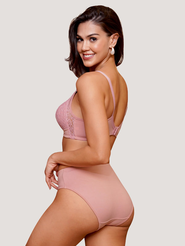 Kalyani Jeniffer Deep Neck Style Wirefree Support Padded Everyday Lace Bra Panty Set | Crepe