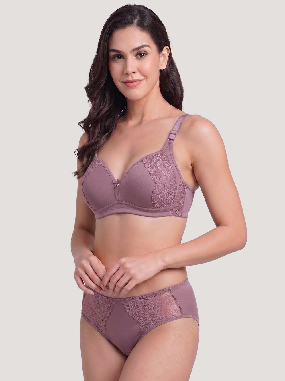 Kalyani Jeniffer Deep Neck Style Wirefree Support Padded Everyday Lace Bra Panty Set | Rosy Brown