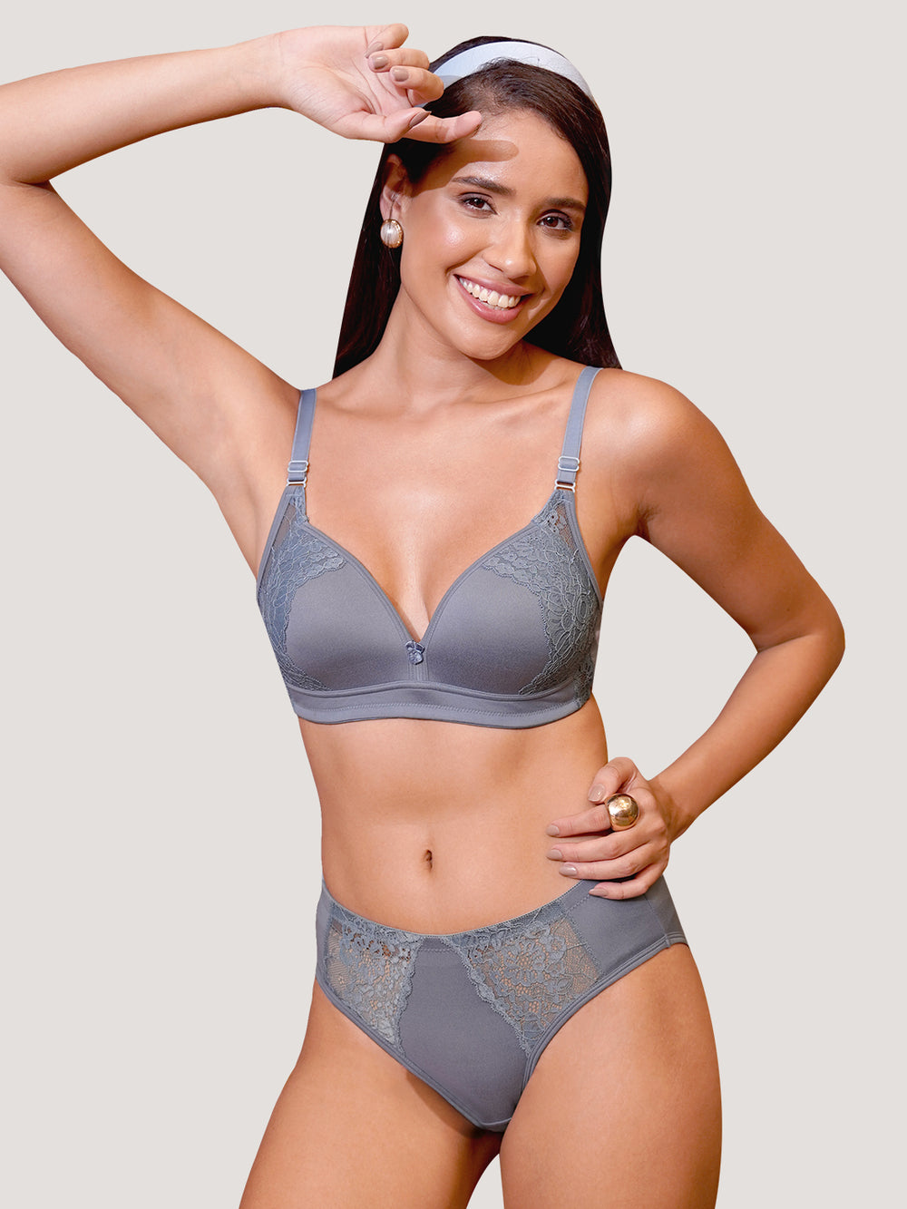 Kalyani Jeniffer Deep Neck Style Wirefree Support Padded Everyday Lace Bra Panty Set | Teal Blue