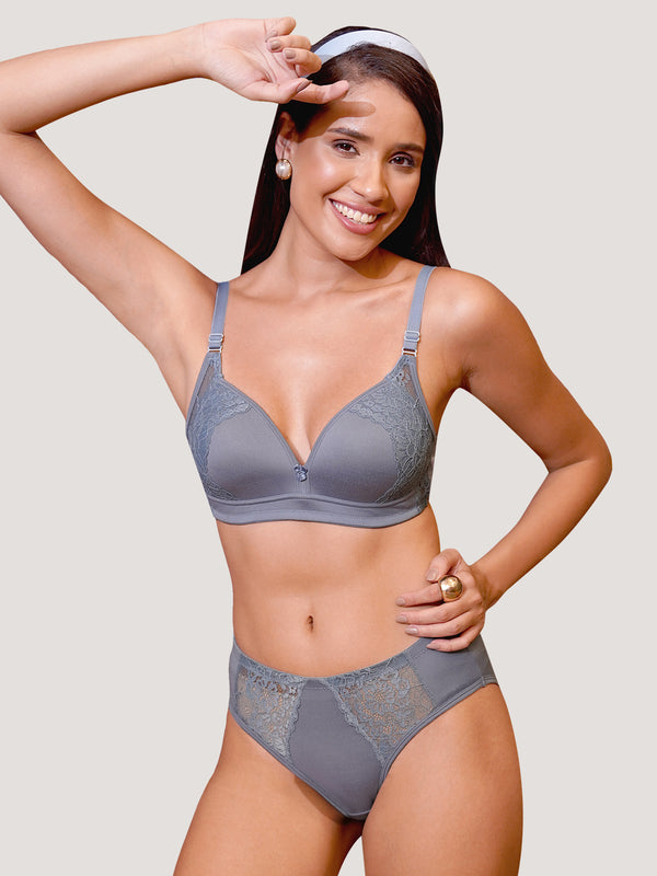 Kalyani Jeniffer Deep Neck Style Wirefree Support Padded Everyday Lace Bra Panty Set | Teal Blue
