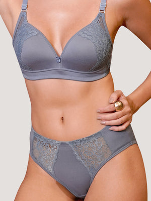 Kalyani Jeniffer Deep Neck Style Wirefree Support Padded Everyday Lace Bra Panty Set | Teal Blue